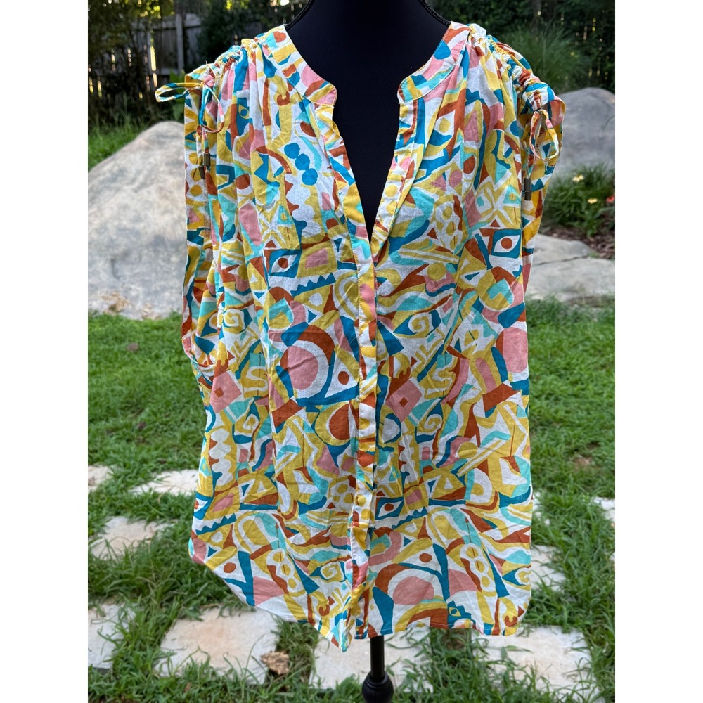 Anthropologie Multicolor Abstract Print Tie-Shoulder Blouse